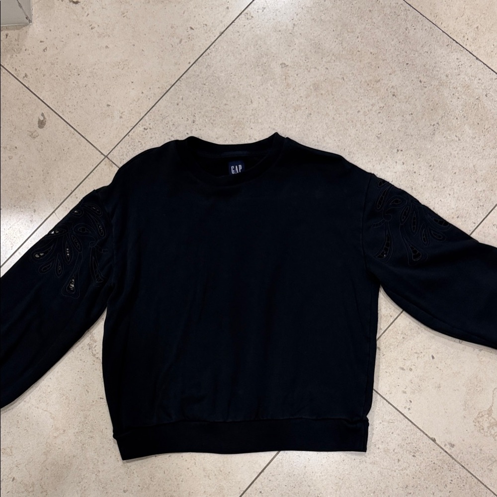 GAP Women's Black Crewneck with Embroidered Sleeves